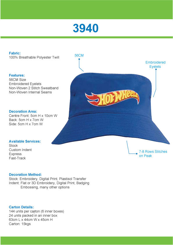 Headwear Breathable Poly Twill Childs Bucket Hat - 3940
