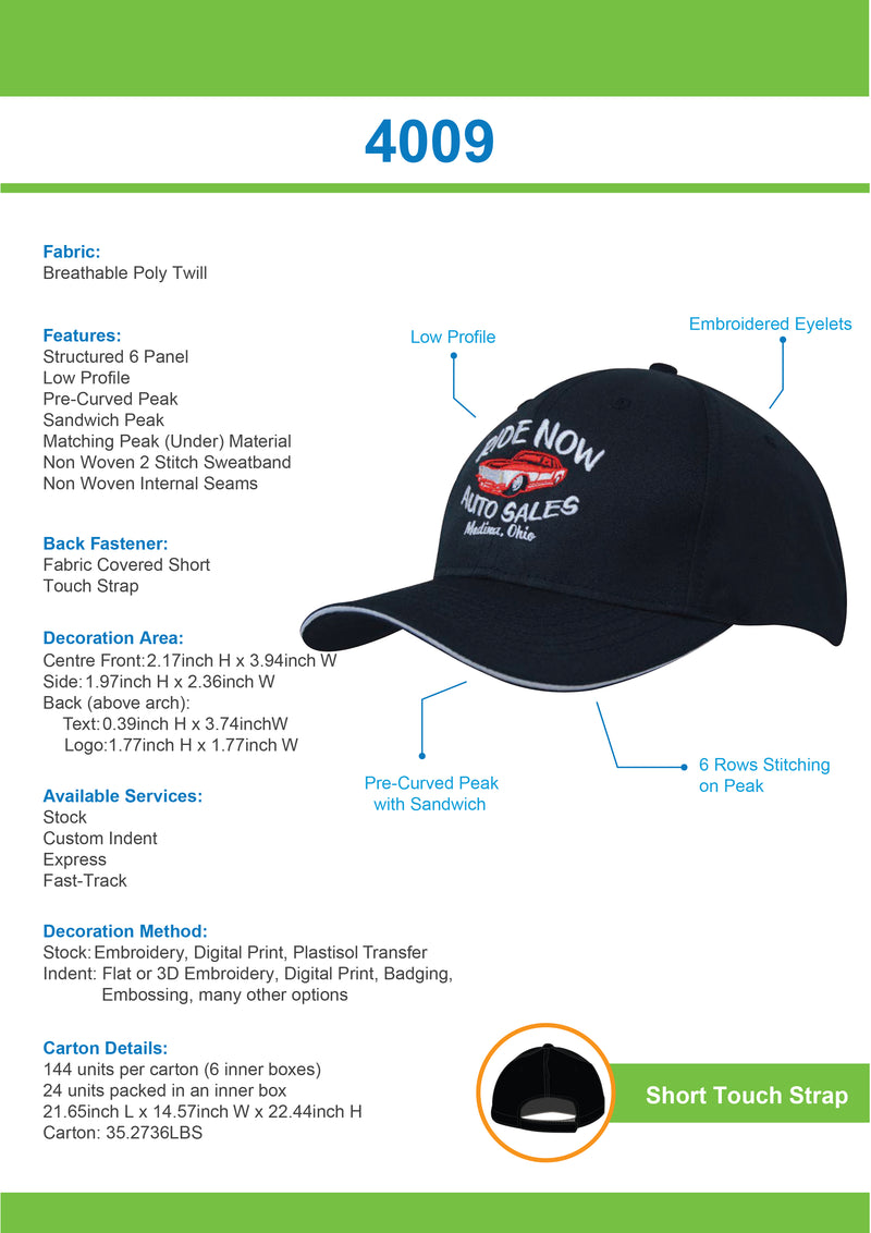 Headwear Breathable Poly Twill with Sandwich Trim Cap - 4009