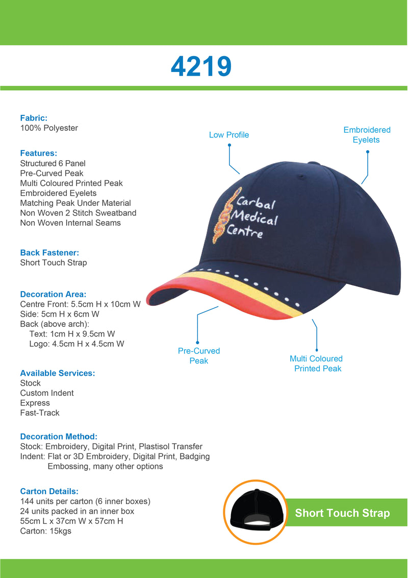 Headwear Breathable Poly Twill with Multi Coloured Printed Peak - 4219