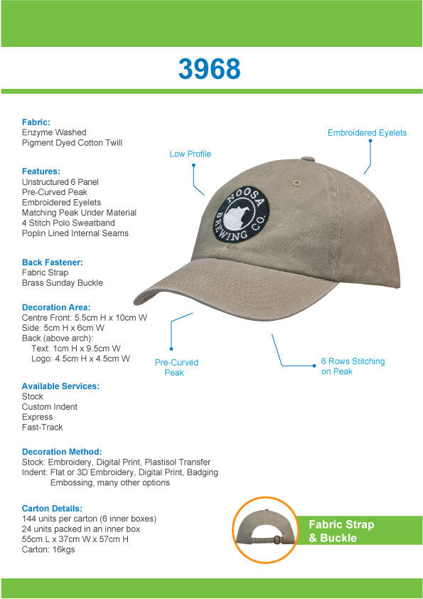 Headwear - Enzyme Washed Pigment Dyed Cotton Twill Cap - 3968