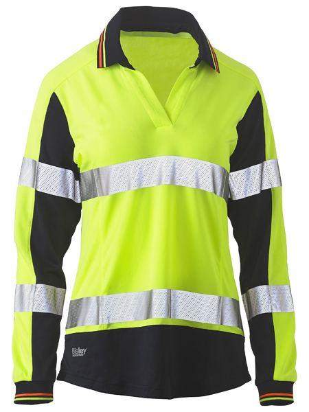 Bisley Womens Long Sleeve Taped Two Tone Hi Vis V-neck Polo-BKL6225T