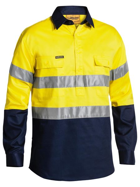 Bisley 2 Tone Closed Front Hi Vis Drill Shirt 3M Reflective Tape - Long Sleeve-BTC6456