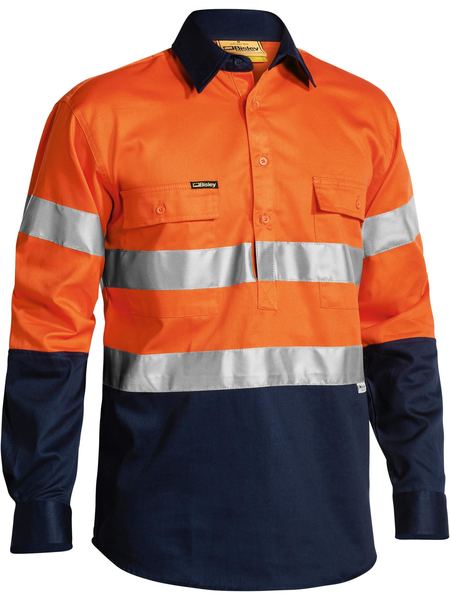 Bisley 2 Tone Closed Front Hi Vis Drill Shirt 3M Reflective Tape - Long Sleeve-BTC6456