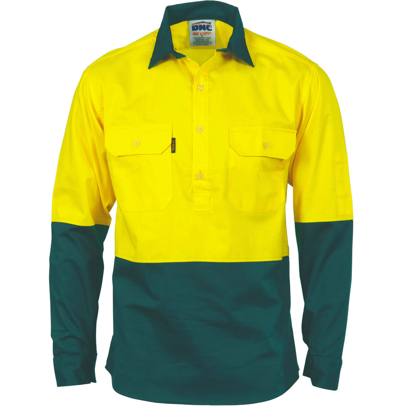 DNC HiVis Two Tone Close Front Cotton Drill Shirt - long sleeve Guss et Sleeve 3834 - Star Uniforms Australia