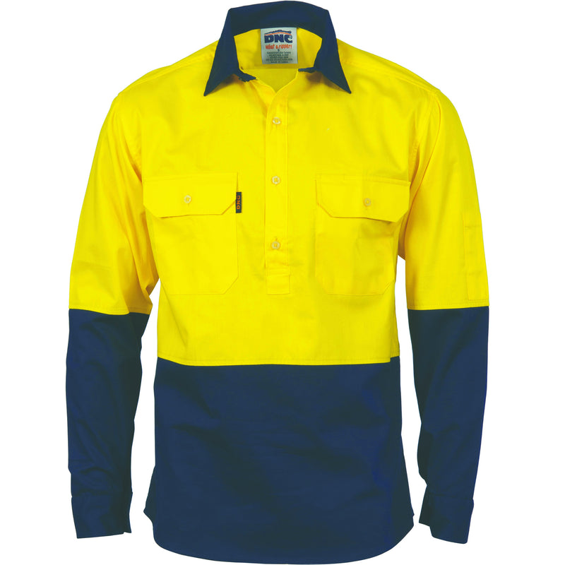 DNC HiVis Two Tone Close Front Cotton Drill Shirt - long sleeve Guss et Sleeve 3834 - Star Uniforms Australia