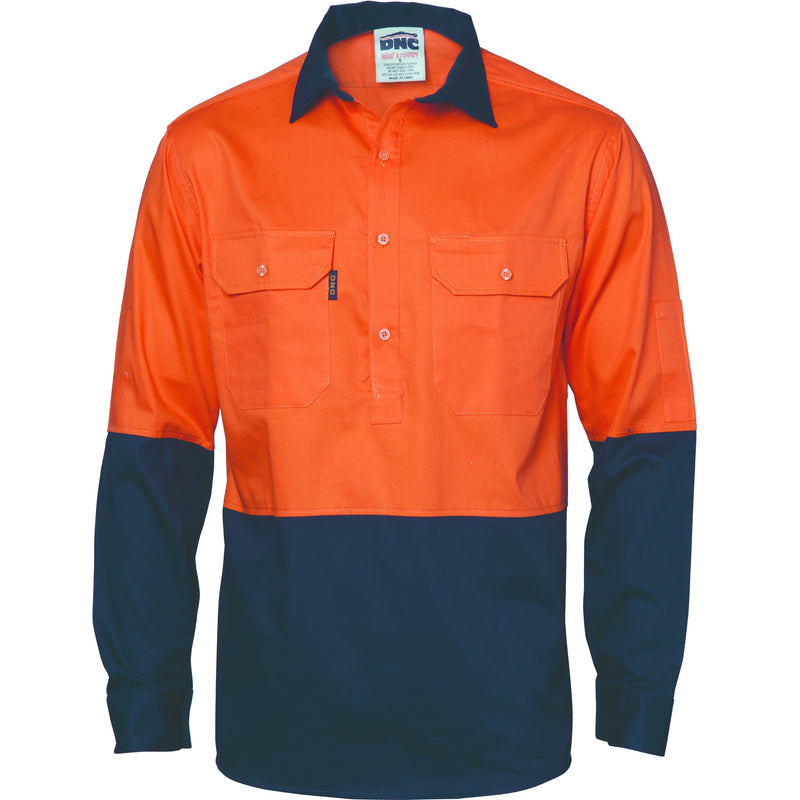 DNC HiVis Two Tone Close Front Cotton Drill Shirt - long sleeve Guss et Sleeve 3834 - Star Uniforms Australia