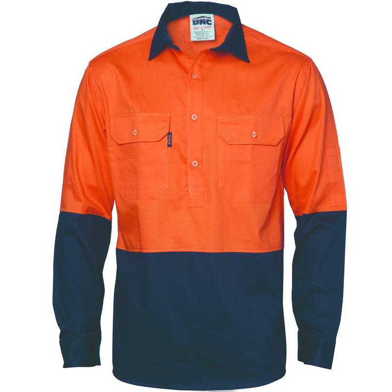 DNC HiVis 2 Tone Cool-Breeze Close Front Cotton Shirt - Long sleeve 3934 - Star Uniforms Australia