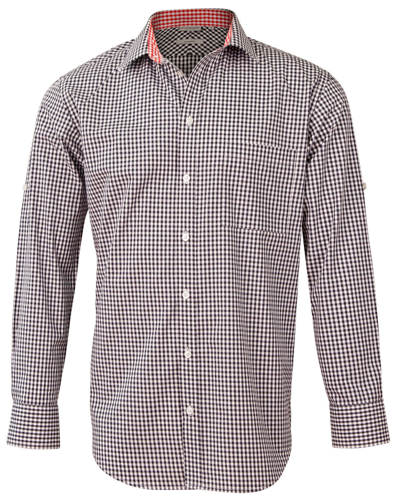 Winning Spirit-Men’s Gingham Check Long Sleeve Shirt with Roll-up Tab Sleeve-M7330L