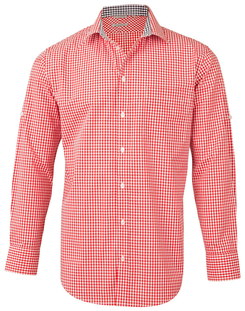 Winning Spirit-Men’s Gingham Check Long Sleeve Shirt with Roll-up Tab Sleeve-M7330L