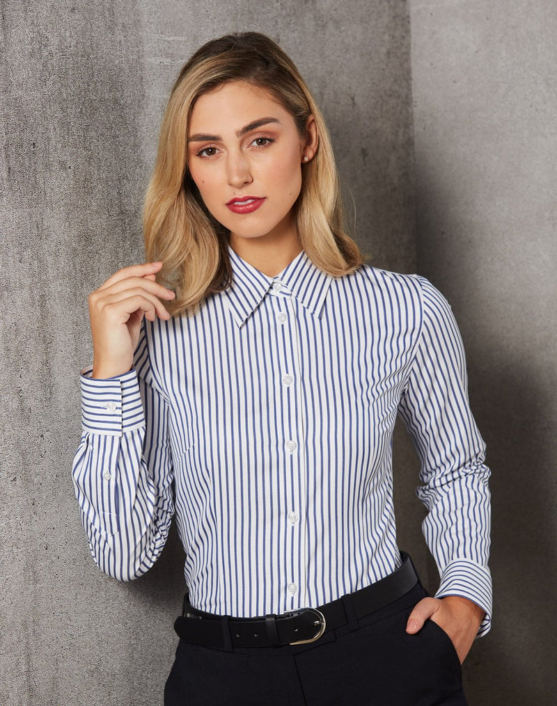 Winning Spirit-Ladies' Sateen Stripe Long Sleeve Shirt -M8310L